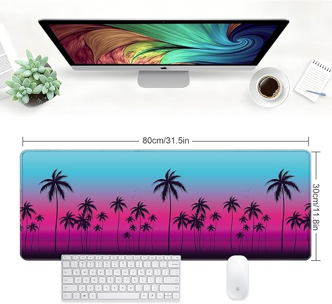Large Desk Mat, Desk Matt for Desktop, Computer Gaming Mouse Pads, Anti-Slip Rubber Base, Stitched Edges Soft Mat for Desktop Office Home 31.5 x 11.8 Inches (Neon Palm)