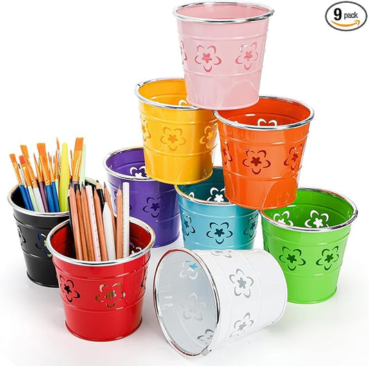 9 Pack Metal Pen Holder Cup, Desktop Pencil Bucket with Flower Pattern, Mini Makeup Brush Storage Organizer, Colorful Stationary Supplies Container for Office Classroom School Crafts(9 Color)