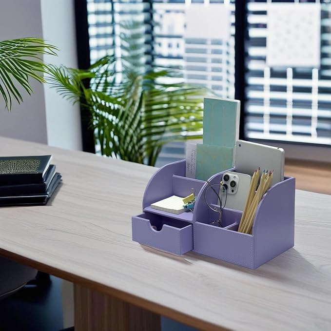 UnionBasic Desk Organizer - Multifunctional Leather Desktop Pen Holder Storage Box - Business Card/Pen/Pencil/Mobile Phone/Stationery Holder, Purple