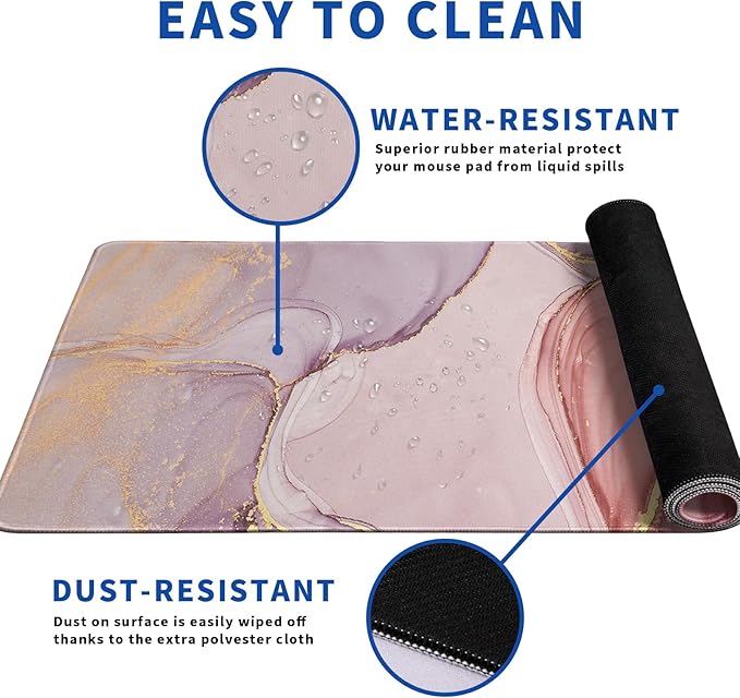 Rose Gold Marble Mouse Pad Abstract Marble Mouse Pad 31.5x11.8 Inch Texture Non-Slip Rubber Base Large Mousepad Stitched Edges Keyboard Mouse Mat Desk Pad for Office and Home