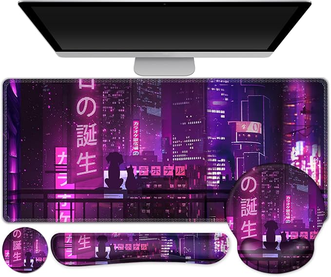 Gaming Mouse Pad, Large Desk Mat, Cute Desk Pad, 4in1 XXL Mousepad + Keyboard Wrist Rest+Mouse Wrist Rest+Coaster Set with Ergonomic Desk Pad for Home Office Table Computer, Purple Anime Neon