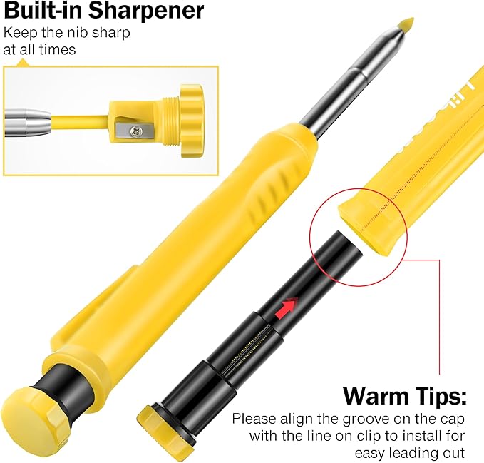 Hiboom 2 Pack Solid Carpenter Pencils with Pencil Cap and 18 Refills, Long Nose Deep Hole Mechanical Pencil Marker, Scribe Tool with Built-in Sharpener for Construction Woodworking Architect (Yellow)