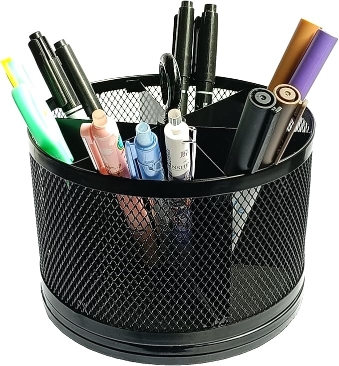 SETTFRFE Rotating Pen Holder for Desk,Supplies Organizer pencil Caddy,6 Compartments Desk Organizer,Black (Metal Mesh Style)