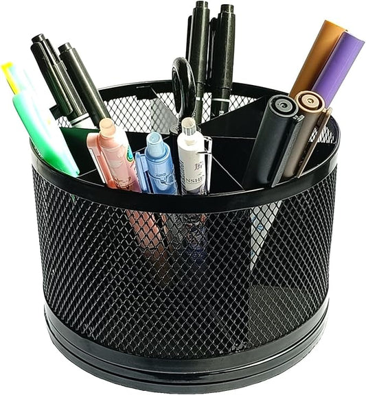 SETTFRFE Rotating Pen Holder for Desk,Supplies Organizer pencil Caddy,6 Compartments Desk Organizer,Black (Metal Mesh Style)