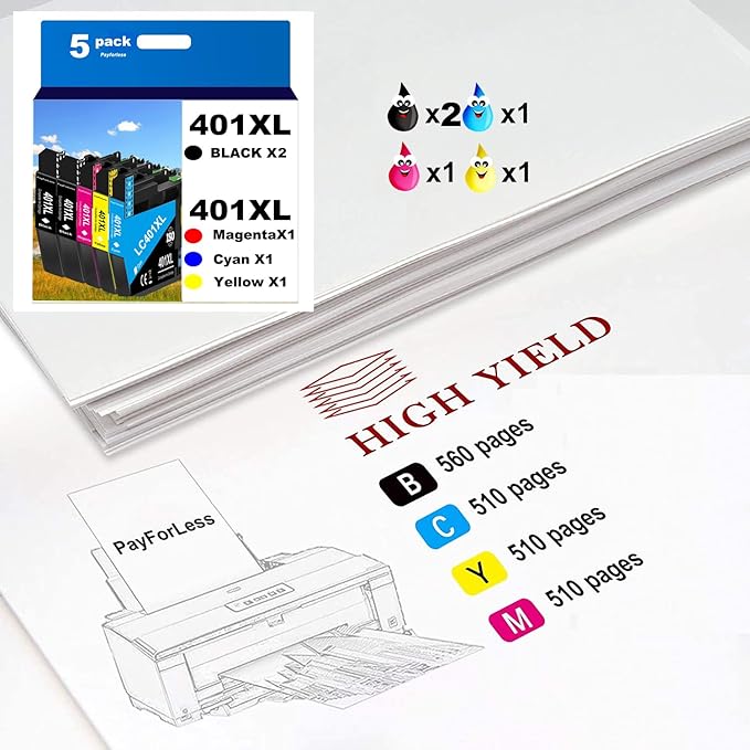 PayForLess LC401XL Ink Cartridges for Brother Printer Compatible for LC401 401XL Ink Cartridges for MFC-J1010DW MFC-J1012DW MFC-J1170DW Printer 5 Pack (2 Black, 1 Cyan, 1 Magenta, 1 Yellow)