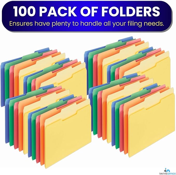 1InTheOffice Colored Interior File Folders Letter Size, File Folders 1/3 Cut Assorted Tab, Assorted Colors, 100/Pack