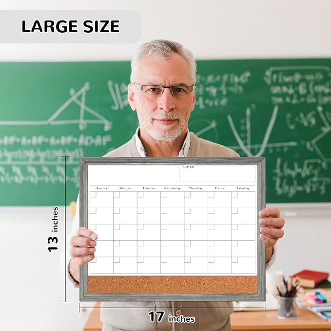 Monthly Whiteboard Calendar & Corkboard for Wall, Magnetic 17"x13" Dry Erase Board with Gray Wood Framed, 2in1 White Board Cork Board Combo, Calendar Bulletin Board for Kitchen Planner Memo Office