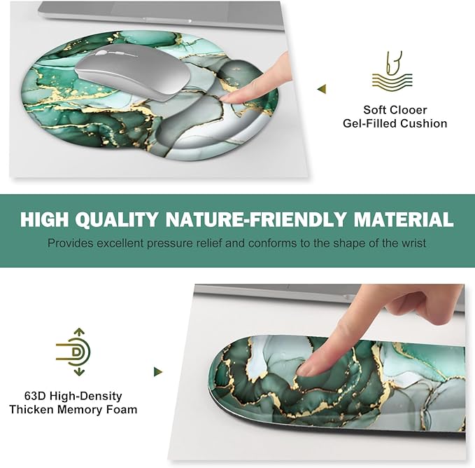 Gaming Mouse Pad, Large Desk Mat, Cute Desk Pad Protector, 4in1 XXL Mousepad + Keyboard Wrist Rest+Mouse Wrist Rest+Coaster Set with Ergonomic Desk Pad for Home Office PC Computer, Green Marble