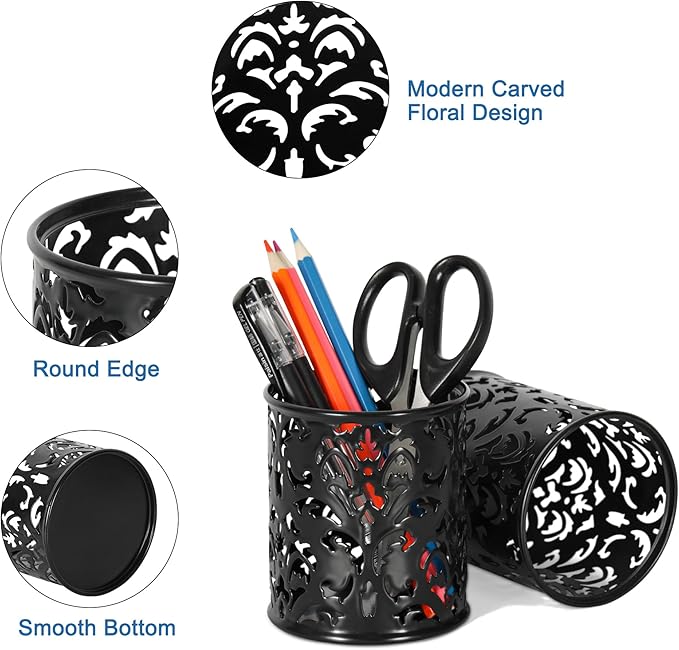 EasyPAG Black Pen Holder for Desk 2 Pack Metal Pen Holder Organizer Pencil Cup Holder for Home, Office, Classroom, School