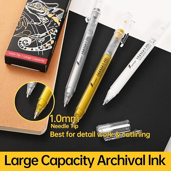 3 Colors Gel Pen Set – White, Gold & Silver 1.0mm Fine Point Gel Ink Pens for Artists, Black Paper Drawing, Bullet Journaling & Holiday Crafts – Opaque Archival Ink, 3-Pack