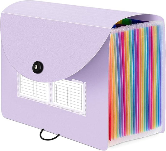 Sooez 24 Pockets Expanding File Folder with Blank Labels, According File Organizer with Expandable Cover, Desktop Accordion Folders Letter A4 Paper Document Storage Organizer, Purple
