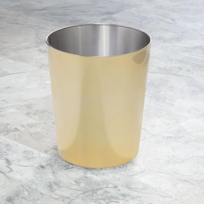 mDesign Round Metal Modern Compact Freestanding Plastic Toilet Bowl Brush and Round 6.4 Liter/1.7 Gallon Wastebasket Garbage Can Combo Set for Bathroom Cleaning - Mirri Collection - Set of 2 - Brass