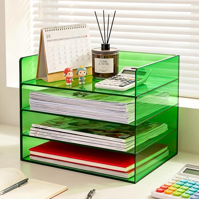Acrylic File Organizer for Desk 4 Tiered Stackable Letter Tray Office Paper Storage Desktop Document Sorter, Emerald Green