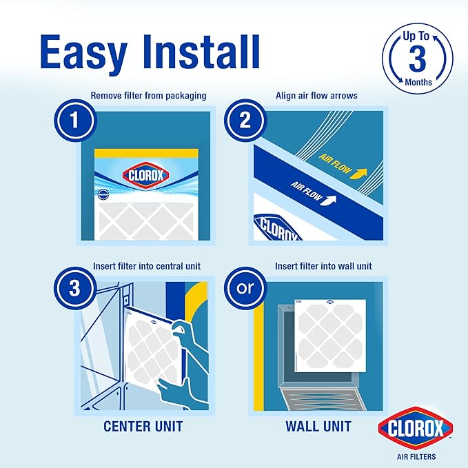 Clorox 16x25x1 Air Filter, MERV 13 Pleated HVAC AC Furnace Air Filters, MPR 1500 & FPR 10 – Pack of 4