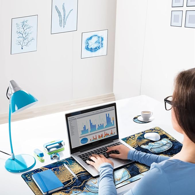 ARTSO Large Mouse Pad Ergonomic Keyboard Wrist Rest Support Set, Memory Foam Gel Wrist Pad, Extended Desk Mat Protector, Non-Slip Desk Blotter, Blue Marble