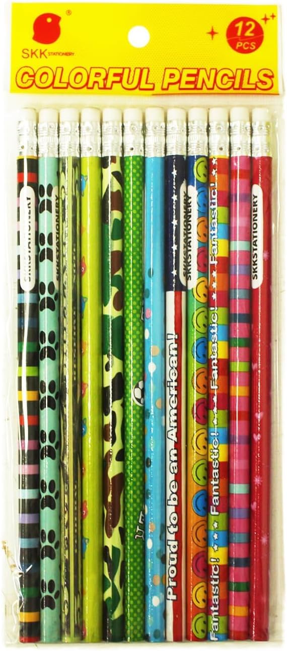 SKKSTATIONERY Assorted Colorful Pencils, Wooden Pencil with Eraser, Pencil Assortment, Novelty Pencils, Awards & Incentives, No.2 HB, Back to school, 12 Assorted Colors 144/box.
