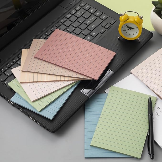 (6 Pack) Lined Sticky Notes 4x6 in Ruled Stickies Super Sticking Power Memo Pads Vintage Colors