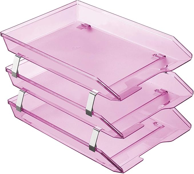Acrimet Facility 3 Tier Letter Tray, Front Load, Letter Size/A4, Desktop File Organizer, Plastic (Clear Pink Color)