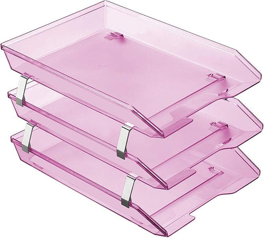 Acrimet Facility 3 Tier Letter Tray, Front Load, Letter Size/A4, Desktop File Organizer, Plastic (Clear Pink Color)