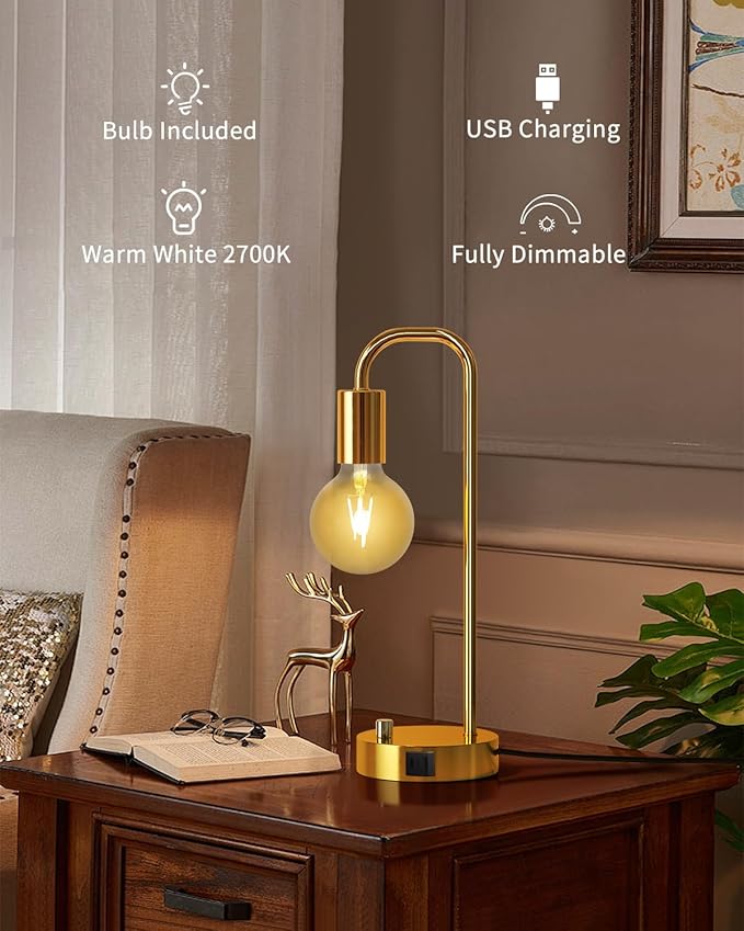 ONEWISH Industrial Table Lamp with 2 USB Port, Stepless Dimmable Nightstand Bedside Lamps for Bedroom,Desk Lamps with 2700K Gold Gradient Bulb for Reading Living Room