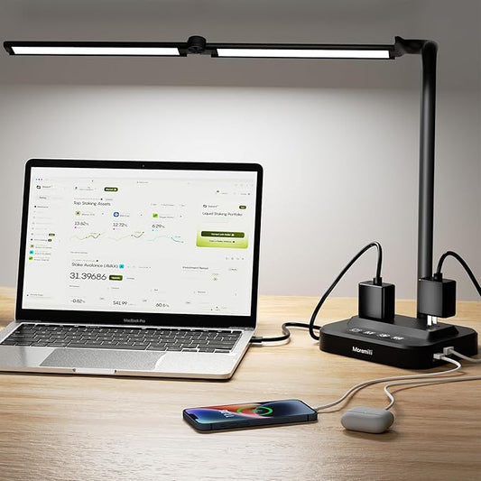 LED Desk Lamp with USB Charging Port: Eye-Care Technology - 1 Type-C, 1 USB-A Charging Port, 2 AC Power Outlets, Desk Lamps for Home Office, Study, Bedroom