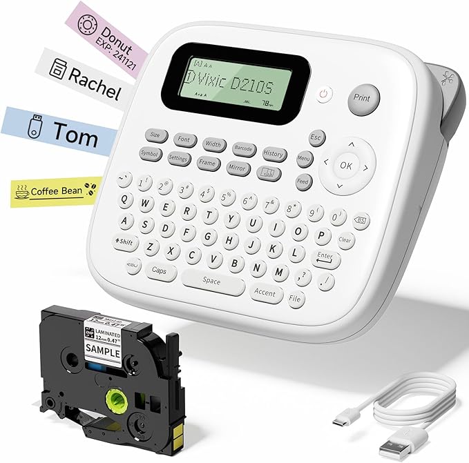 Vixic Label Maker Machine with-Tape, D210S Label Maker with Keyboard, Labeler Includes USB-C Cable Stay Powered, Portable Label Machine Waterproof-Labels Different Fonts for Home Office Organization