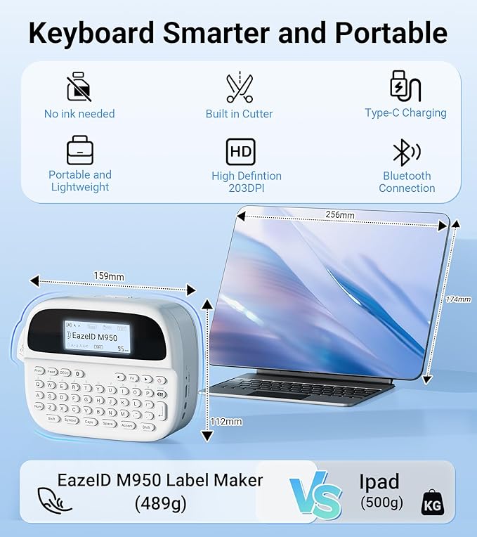 M950 Label Maker, Rechargeable Label Maker Machine with Labels-Waterproof, Bluetooth Labeler Portable, QWERTY Keyboard & Backlit LCD Screen for Home Office School