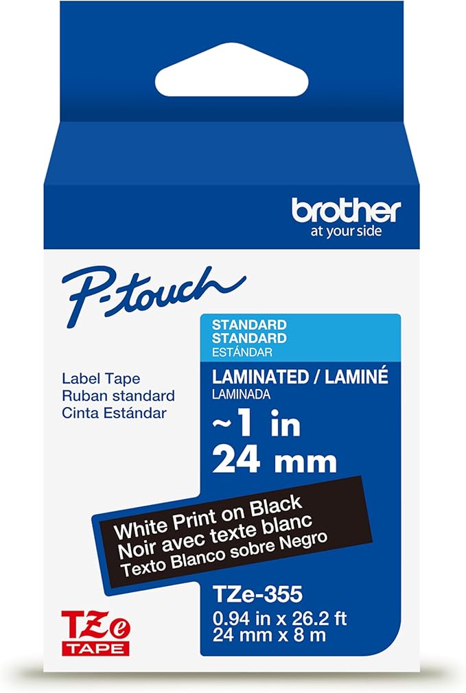 Brother Genuine P-Touch TZe White Print on Black Label Tape (TZe355), Laminated,1in x 26.2ft (24mm x 8m), for Select P-Touch Label Makers, Durable, Water-Resistant, Indoor/Outdoor Use