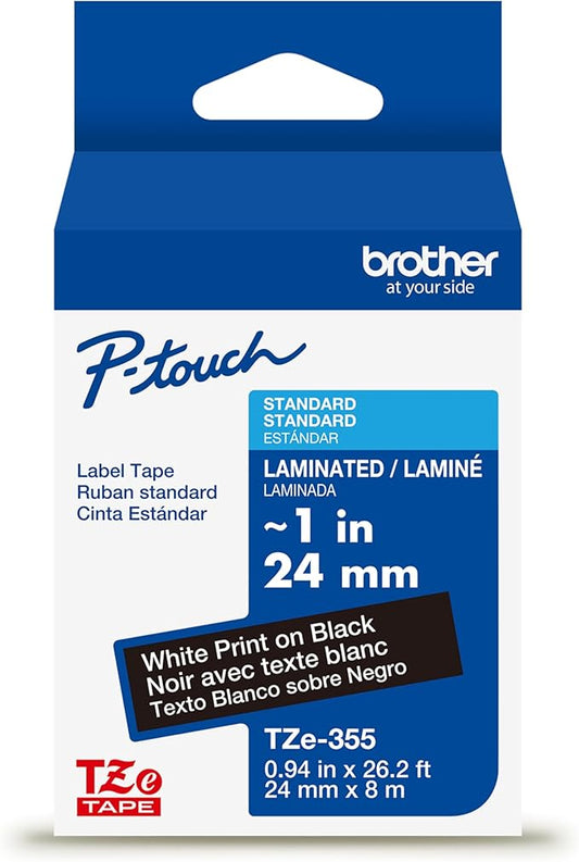 Brother Genuine P-Touch TZe White Print on Black Label Tape (TZe355), Laminated,1in x 26.2ft (24mm x 8m), for Select P-Touch Label Makers, Durable, Water-Resistant, Indoor/Outdoor Use