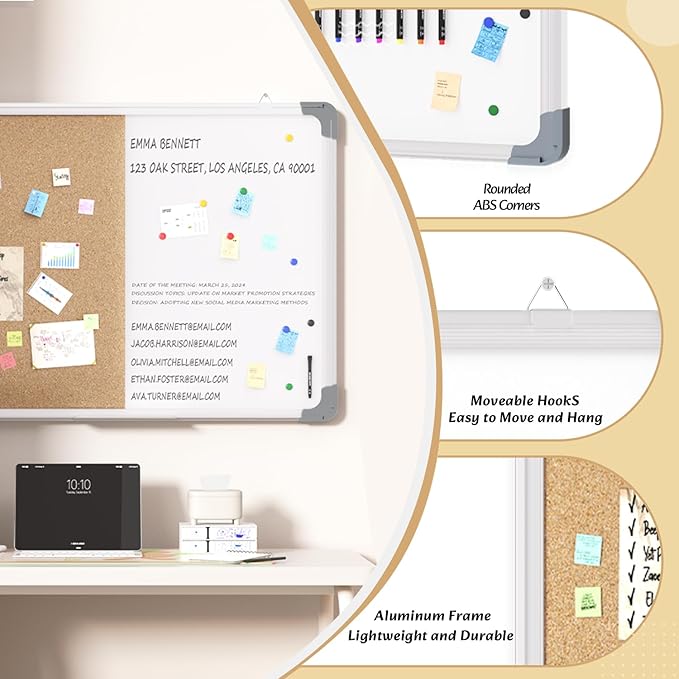 Cork Board White Board Combo, 18" x 24" Cork White Board Combination with Removable Tray, 10 Pins, Eraser, 8 Markers, 6 Magnets（Vertical）