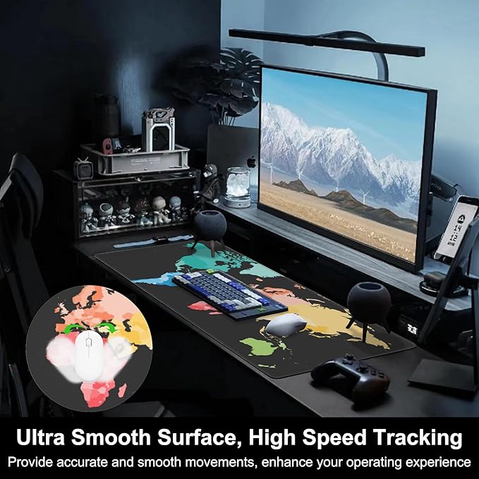 Mouse Pad, Large Colorful World Political Map Desk Mat, Extended Non-Slip Gaming Keyboard Mousepad Desk Pad, Thick Stitched Edges Waterproof Mouse Mat 31.5"x15.7" (World Map)