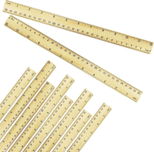 Wooden Ruler 12 Inch Bulk Dual-Sided Inches & Metric Measuring Stick for Classroom, Office, School for Teachers, Students, Artists (10 Pack)