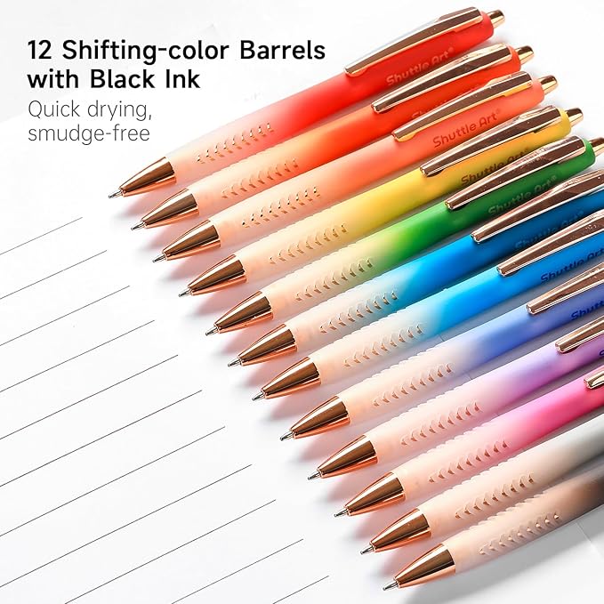 Shuttle Art Fancy Pens Gift Set, 12 Pack Colored Retractable Black Ink Ballpoint Pens, Cute Pens 1.0mm Medium Point Waterproof Elegant Gift Set for Writing Journaling Note Taking School Office Home