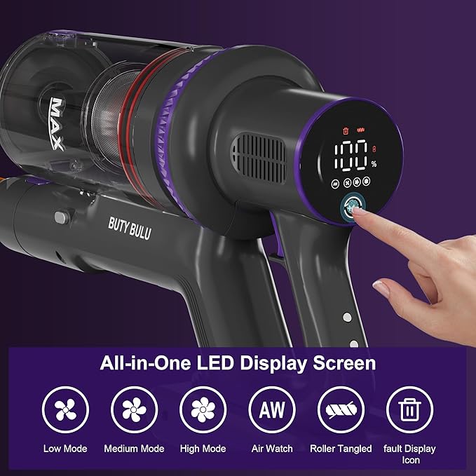 BUTY BULU Cordless Vacuum Cleaner, Stick Handheld Rechargeable Lightweight 4-in-1 Vacuum for Home Hardwood Floor Carpet Pet Hair Litter Cleaning, 45KPa Suction 50Mins Running Time, LED Display Screen