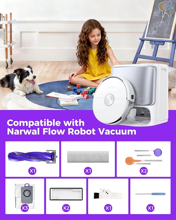 Yivy Accessory Kit for Narwal Flow Robot Vacuum Cleaner, Replacement Set Compatible with Narwal Flow: 1 Track Mop Pads,1 Main Brush, 4 Side Brushes, 2 HEPA Filters, 3 Dust Bags,1 Cleaning Brush