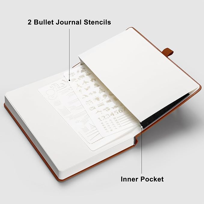 RETTACY Bullet Dotted Journal Notebook, 192 Pages, A5 Medium Size (5.7'' x 8.3''), Leather Hardcover, 100 GSM Thick Paper, for Bullet Journaling, Planning, Tracking (Brown)