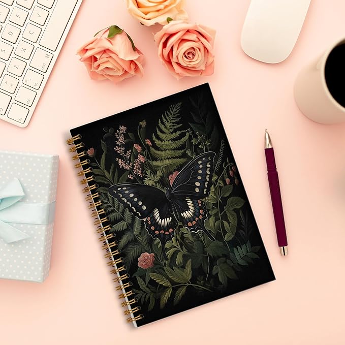 Dark Botanical Black Butterfly Notebook, Moody Floral Moth Journal for Women, Dark Academia Cottagecore Journal for Writing, Cottagecore Butterfly Spiral Notebook 5.5x8.3 Inch