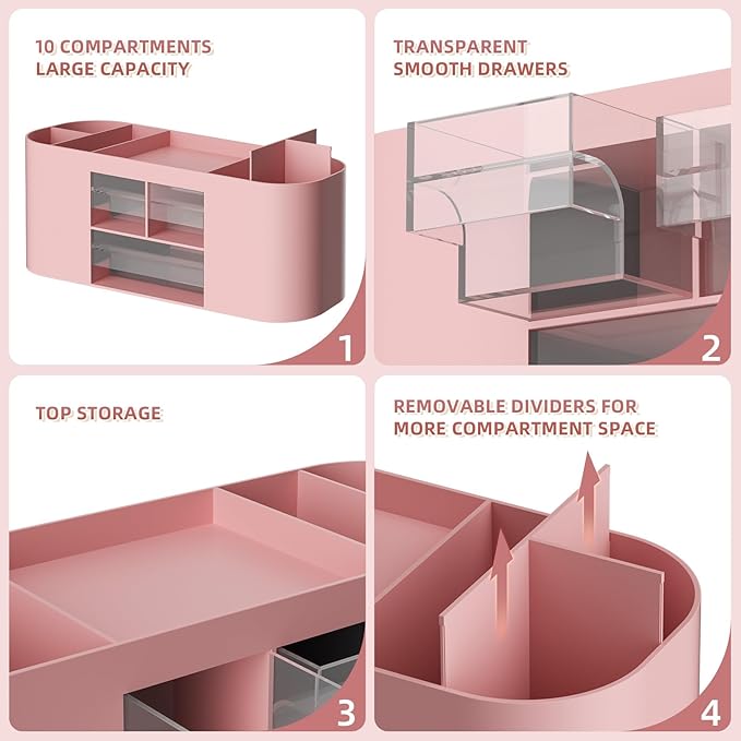 Marbrasse Desk Organizer Pen Holder for Desk with 3 Drawers, Multi-Functional Pencil Holder, Desk Organizers and Accessories with 7 Compartments for Home, School, Classroom(Pink)