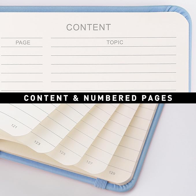 RETTACY Lined Journal Notebook, 192 Numbered Pages, A5 Medium Size (5.7'' x 8.3''), for Men & Women, Journaling, Writing, Work & Office, Leather Hardcover, 100 GSM Thick Paper (Light Blue)