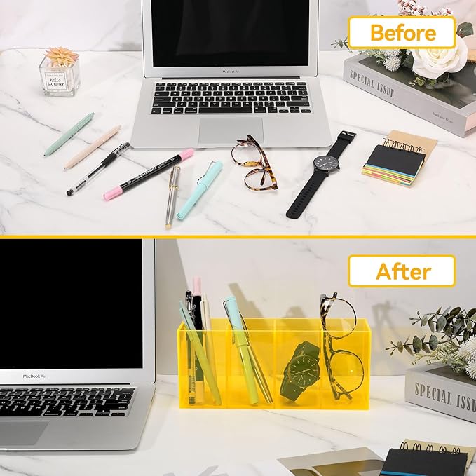 Pen Holder for Desk Neon Acrylic Pencil Holder Cup Makeup Brush Storage Organizer for Vanity, Neon Yellow