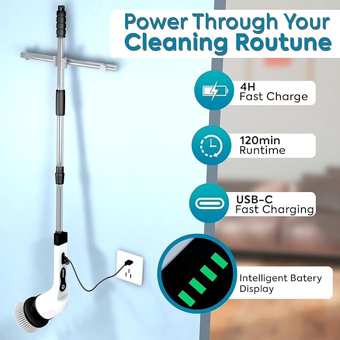 Deliverypacket -Electric Spin Scrubber with 9 Brush Heads, Cordless Shower Cleaning Brush with Long Handle, Rechargeable & Waterproof