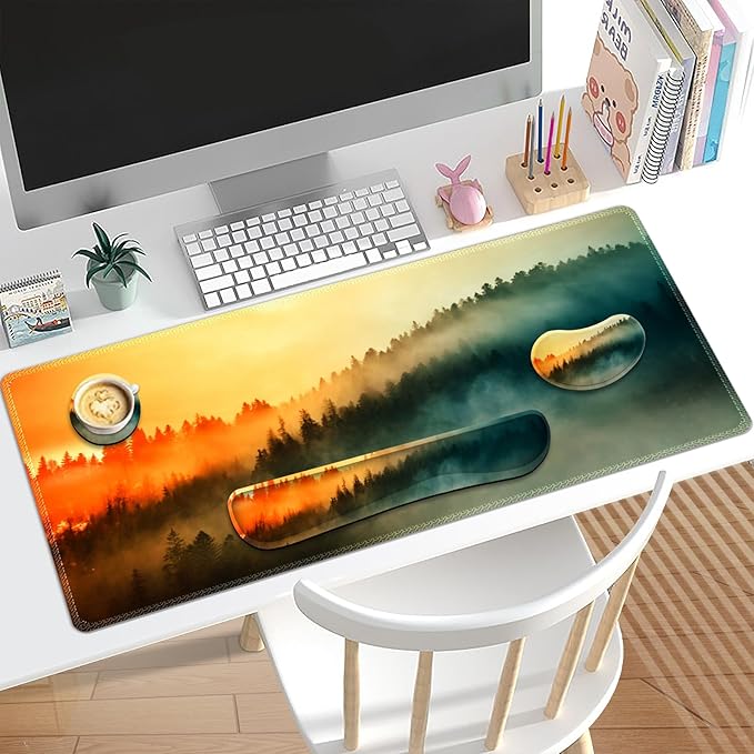 Keyboard Mouse Pad Set, Extended Gaming Mouse Pad +Keyboard Wrist Support +Mouse Wrist Rest +Coaster, 35.4x15.7 in XXL Large Ergonomic Desk Mat 4in1 Set for Home Office, Sunset Misty Forest