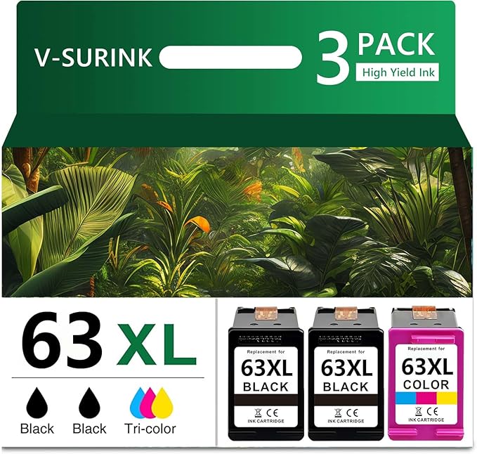 63XL Color Black Ink Cartridge Combo Pack 3 Pack for Hp OfficeJet 3830 Printer Ink Cartridges High Yield Compatible for HP Officejet 5200 5255 Envy 4520 DeskJet 3630 (2 Black,1 Tri-Color)