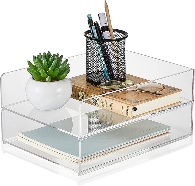 Yulejo 2 Pcs Acrylic Desk Organizers and Accessories Tier Paper File Organizer Tray Stackable Document Clear Desk Accessories for Office Workspace Organization (12.01 x 9.25 x 2.68 Inch)