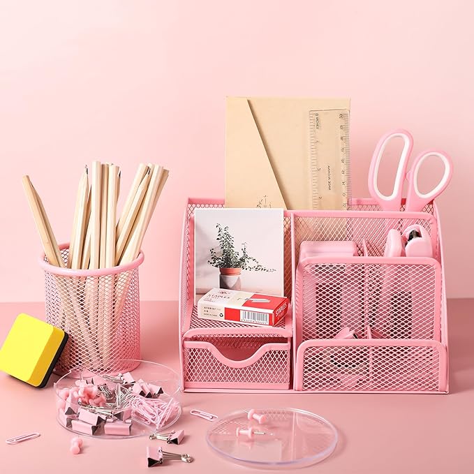 Pink Desk Organizers and Accessories, Pink Office Supplies Include Mesh Desk Organizer, Tape Dispenser, Stapler, 1000 Staples, Staple Remover, Pen Holder, Clips Set, Ruler, Scissors