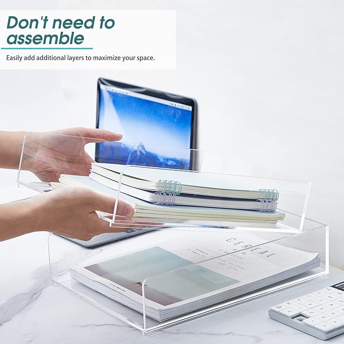 Yulejo 2 Pcs Acrylic Desk Organizers and Accessories Tier Paper File Organizer Tray Stackable Document Clear Desk Accessories for Office Workspace Organization (12.01 x 9.25 x 2.68 Inch)