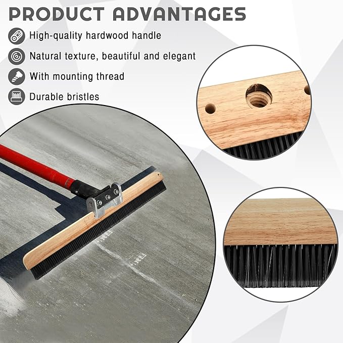 Yiyiring 1 Pack 24 Inch Concrete Broom Finishing Tools Wood Backed, Polypropylene Bristles Brush Push Brooms Without Handle for Concrete Finishes Hard Floors