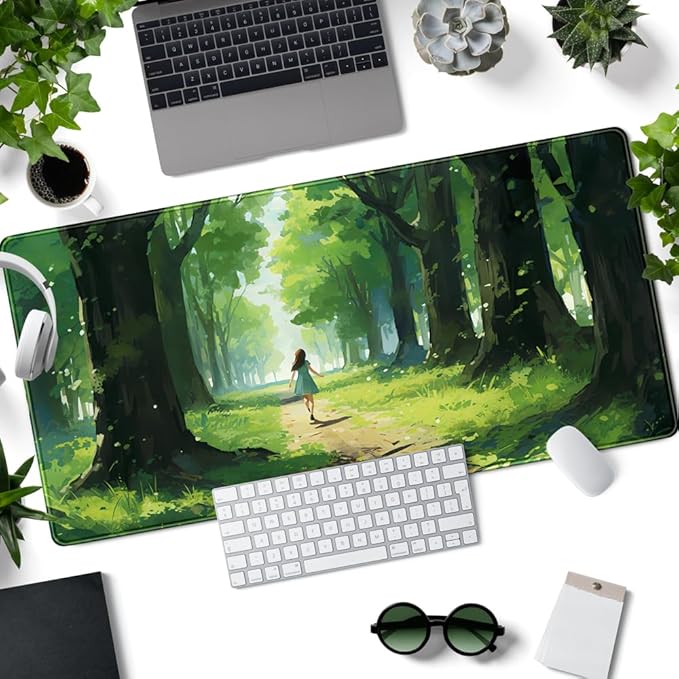 Jungle Anime Green Girl Character Desk Mat Aesthetics Oil Painting Ai Art Gaming Big Mouse Pad for Desk Office Decor for Women Large Desktop Mat Laptop Keyboard Mousepad Pad for Desk 31.5x15.8in