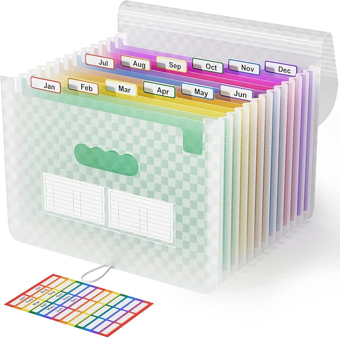 ABC life 12 Pockets Accordion File Organizer Expanding File Folders, Portable Monthly Bill Receipt Document Organizer, Expandable Accordian Filing Folder Letter A4 Size, Colored Tabs (Green)
