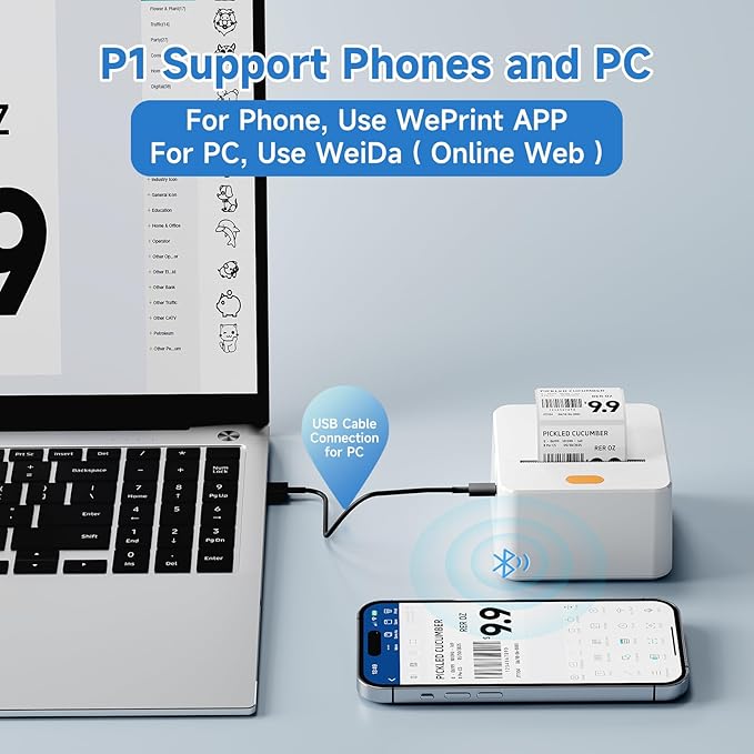 Label Maker Machine with Tape P1 2 Inch Thermal Printer Portable Bluetooth Shipping Label Printer Sticker Maker Labeling Machine Home Office School Business Use Rechargeable White